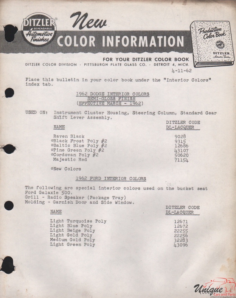 1962 Ford Paint Charts PPG 9